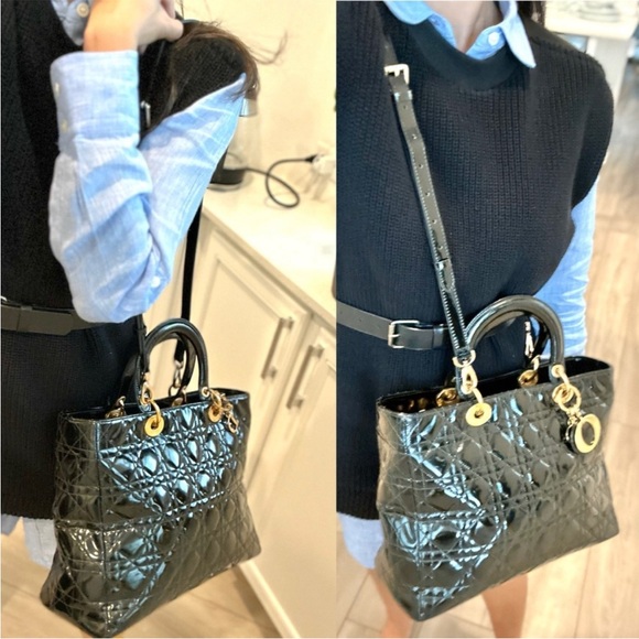 Vintage DIOR Lady Dior Bag - Large Black Quilted Patent Leather - Picture 6 of 16